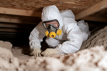 Worker in protective gear inspecting attic insulation for potential hazards, ensuring safety and compliance in a hazardous environment.