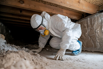 Plakat Inspector in protective suit examining crawl space. Environmental testing and remediation. Safety gear and mask for hazardous material assessment.