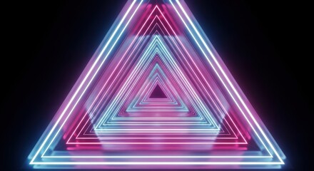 Fototapeta premium Stunning neon triangle tunnel pulsing with vibrant pink and blue light creates a futuristic, dynamic visual experience