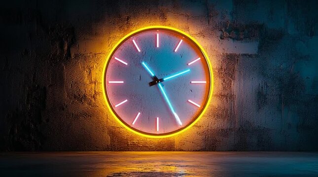 Vibrant neon clock on dark wall animating modern time passage