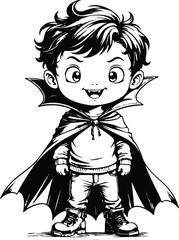 Adorable Vampire Kid in Halloween Costume: A captivating cartoon illustration of a cute young vampire. Smiling confidently while donning a traditional cape. Perfect for halloween themes and designs.
