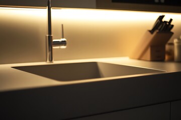 A deep square matte sink with no visible seams and soft shadow detailing from subtle under-lighting in a world kitchen 