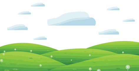 Green landscape with hills, blue sky and clouds, spring meadow with flowers, nature scenery background illustration, cad drawing flat vector illustration