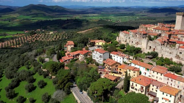 Italy tourism and landmarks. Capalbio - charming small traditional top hill village (borgo) in Tuscany. Grosetto province. considered one of the most beautiful italian villages . aerial drone footage