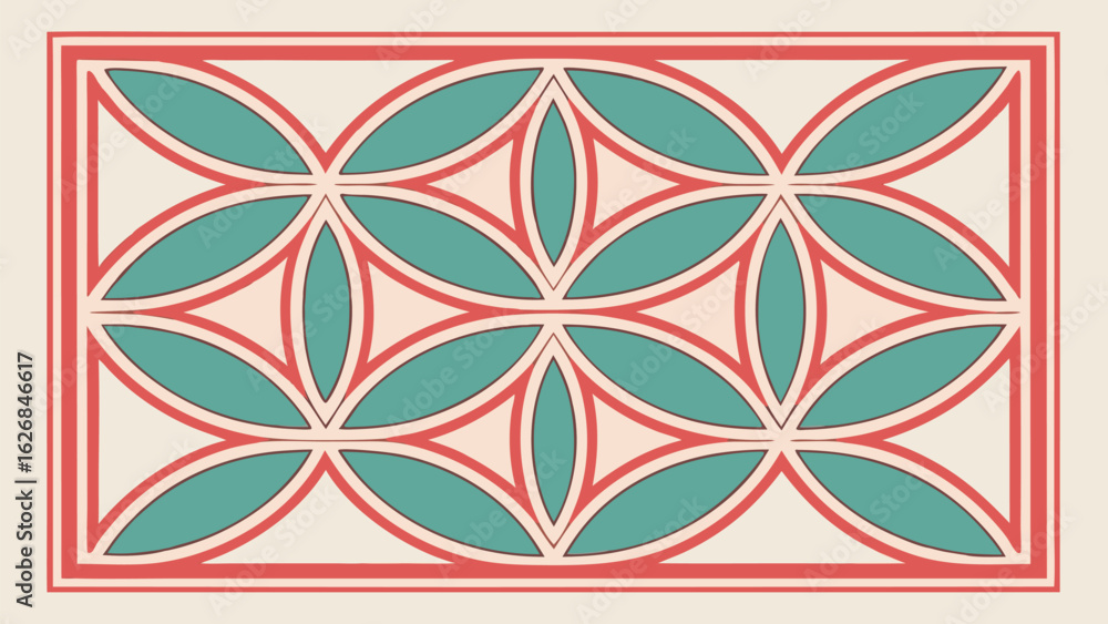 Poster ornamental geometric pattern in muted color tones with a repeating floral motif design