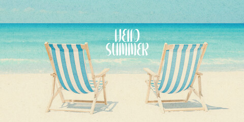 Abstract summer minimal horizontal poster, cover, banner, card with bright sea, blue sky and striped beach chairs. Summer holidays, journey, vacation travel illustration.