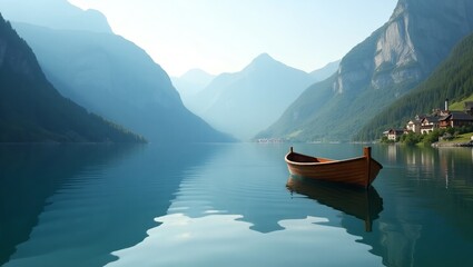 Peaceful riverboat floating on reflective alpine lake near mountain village