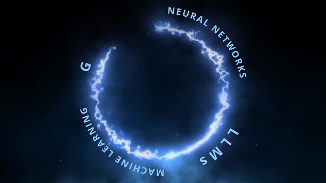 Artificial Intelligence as evolution of neural networks, large language models, machine learning and generative AI processing by algorithms for digital transformation with lightning ring effect