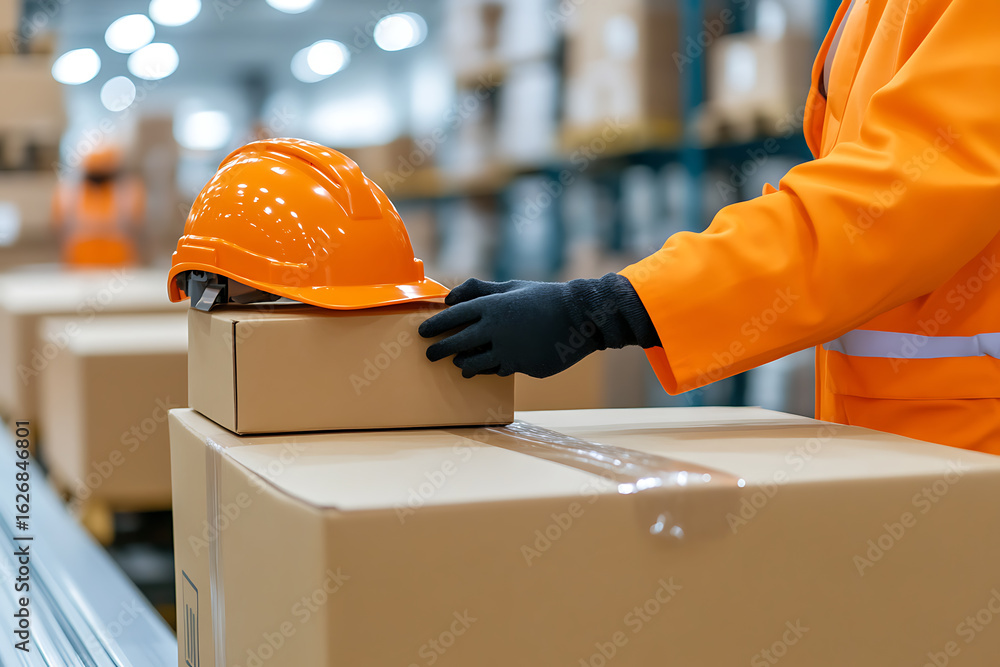 Poster worker in warehouse with orange hardhat on boxes. ready for shipping and supply chain optimization. 