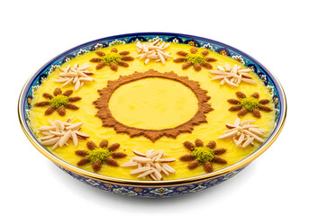 Traditional Persian Sholeh Zard Saffron Rice Pudding Dessert, Isolated on White