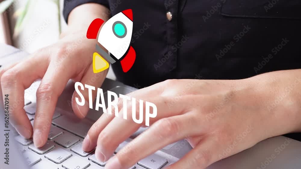 Poster visual detail of a professional using her laptop in the office with an animation of a rocket and the