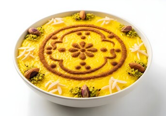 Traditional Persian Sholeh Zard Saffron Rice Pudding Dessert, Isolated on White Background