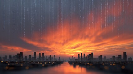Vivid Sunset Over Urban Skyline Flowing Binary Digits Digital Art Cityscape Aesthetic View Technology Concept