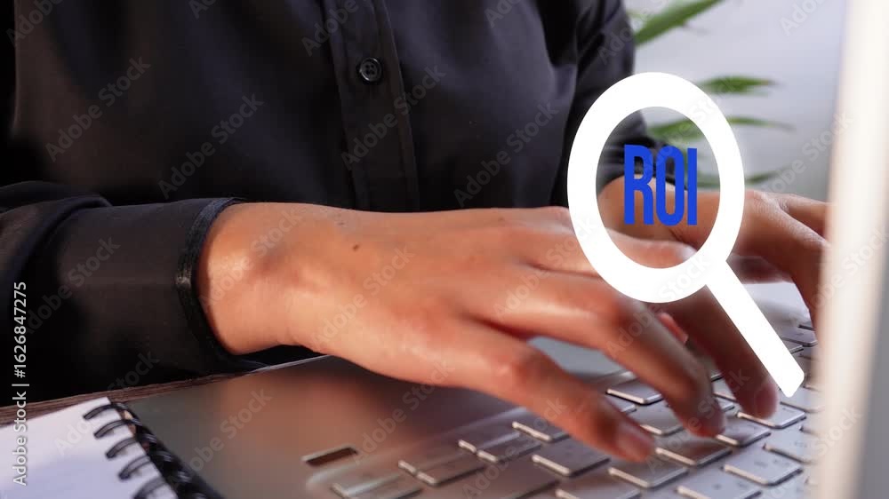 Poster close-up shot showing a businesswoman's productivity at the computer with a floating icon of a magni
