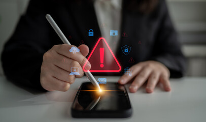 Cybersecurity threat alert protects data. Cyber security threat alert prevents access, alert warns...