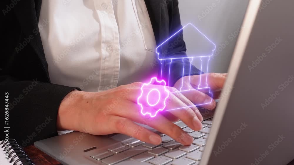 Poster close-up of female hands working on a computer keyboard with a luminous icon of a bank with a gear; 