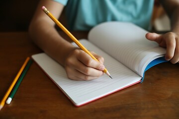 Focused kid writes in notebook with yellow pencil, perfect for back to school ads and educational content, inspiring learning and creativity
