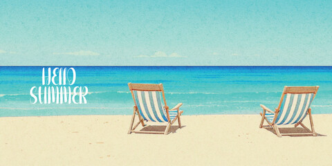 Abstract summer minimal horizontal poster, cover, banner, card with bright sea, blue sky and striped beach chairs. Summer holidays, journey, vacation travel illustration.