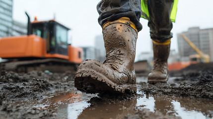 Mud-covered boots at a construction site with an excavator in the background, illustrating the realities of working in challenging outdoor conditions.
