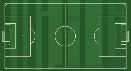 Top view of green soccer football field pitch layout with goal nets and center circle lines isolated on white - cad drawing flat vector illustration
