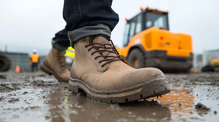 A construction worker in protective footwear navigates a muddy worksite, with heavy machinery in the background, emphasizing safety and durability.