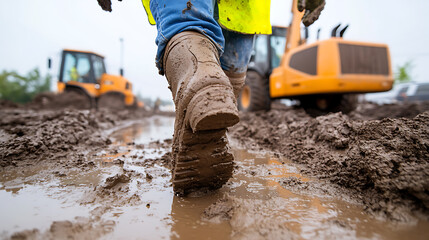 Worker in muddy boots walks across a construction site. Earthmovers operate in the background. Overcast sky and difficult conditions.