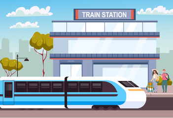 Train station with arriving train flat style simple design concept. Vector flat cartoon graphic illustration