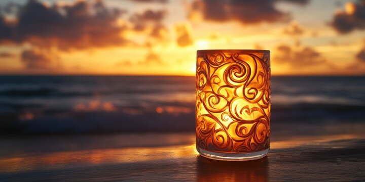 Ornate candleholder at sunset by the sea