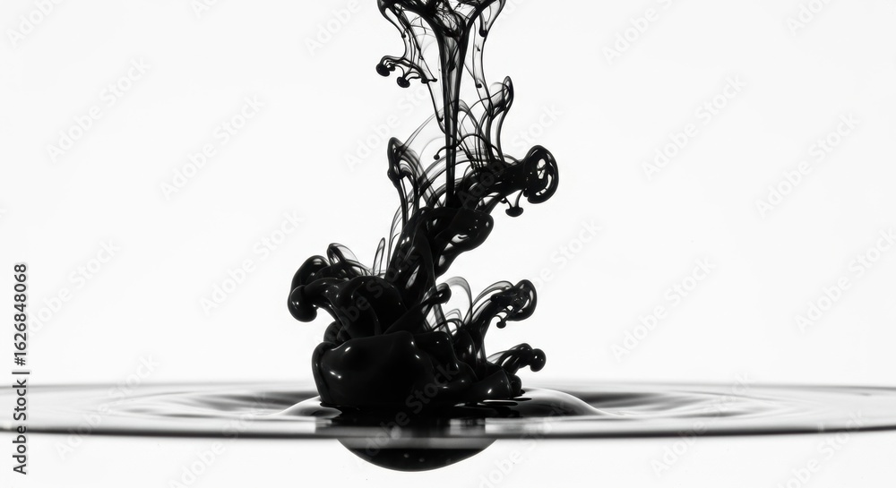 Poster dynamic black ink swirling, creating abstract shapes in rippling water, a mesmerizing visual.