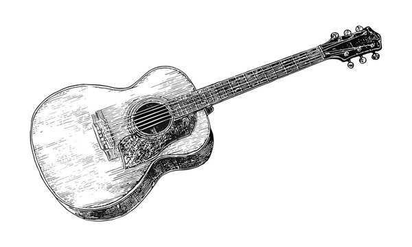 Hand-drawn acoustic guitar vintage stipple engraving isolated on transparent background. Classic musical instrument illustration with grainy dot shading, retro black ink texture, traditional engraving