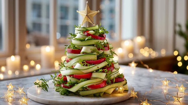 Festive zucchini ribbon christmas tree salad with star topping in holiday lights