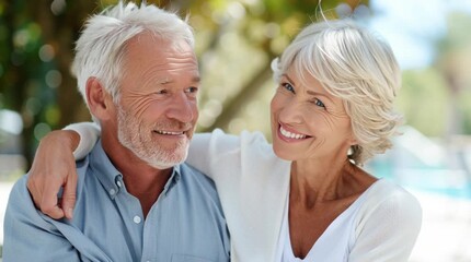 Happy senior couple enjoying a sunny day outdoors, embracing and smiling affectionately - Powered by Adobe