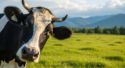 A photorealistic portrait of a black and white cow with horns, tilting its head as it looks into the camera from the edge of the frame. Set in a beautiful green field with distant blue mountains.