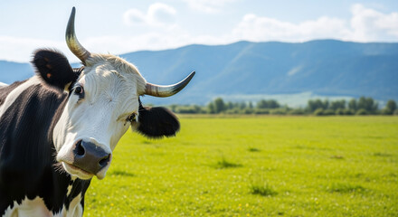 A photorealistic portrait of a black and white cow with horns, tilting its head as it looks into the camera from the edge of the frame. Set in a beautiful green field with distant blue mountains.