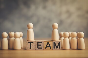 Wooden Figures Illustrating the Team: A collection of wooden figures stand arranged on a wooden block, symbolizing the different aspects of a team.