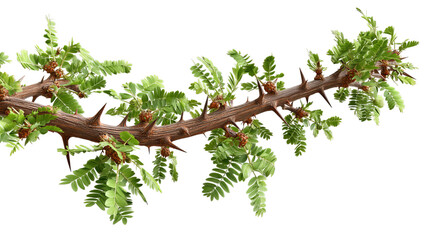 Fototapeta premium PNG of Close-up of a thorny branch with vibrant green leaves and small buds, showcasing the interplay of nature's beauty and resilience.