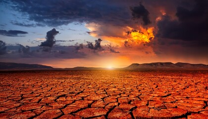 cracked desert earth with glowing magma underneath stormy sky