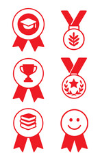 Black Vector Award Badges Featuring Graduation Cap, Star Medal, Trophy, Laurel, Book, and Smiley Icon, Editable Formats: AI, EPS, JPG, PNG, Ideal for Both Digital and Print Use

