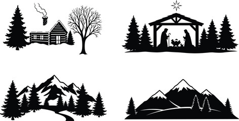 Mountain landscape, nativity scene, forest trees, winter cabin, pine silhouette, holiday background, snow mountain, rustic nature, Christian art, peaceful view, cad drawing flat vector illustration