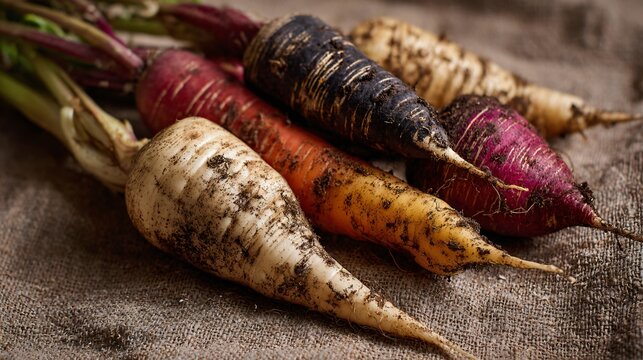 A collection of root vegetables like turnips, parsnips, carrots, still dusted with soil, laid on hessian fabric