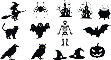 Halloween witch, bat, ghost, skeleton, black cat, haunted house, spider, cauldron, pumpkin, crow, owl, witch hat clipart, cad drawing flat vector illustration