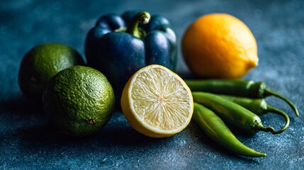 A cool-toned backdrop with shades of teal and navy highlighting citrus fruits and peppers in contrast
