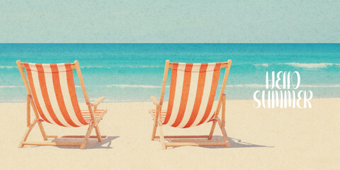 Abstract summer minimal horizontal poster, cover, banner, card with bright sea, blue sky and striped beach chairs. Summer holidays, journey, vacation travel illustration.