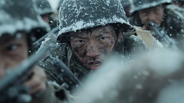 Determined soldier in snowy combat zone, face covered in grime, wearing helmet, focused amidst a war. Fierce expression. Intense eyes. Frozen warfare setting.