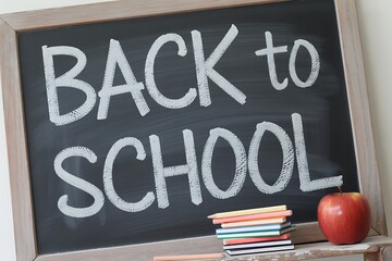 Get ready for back to school season with this adorable chalkboard, notebooks, pencils, and apple, perfect for education themed projects