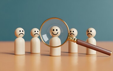 Focused Selection: A magnifying glass zeroes in on a wooden figure with a happy expression amidst a row of others, representing the crucial process of choosing the right candidate.