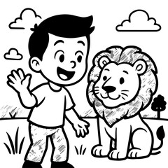 Happy Boy Waving with Friendly Lion - Black and White Vector