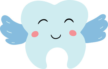 Cute tooth fairy first baby tooth with wings. Dental vector