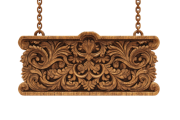 Ornate wooden sign, carved with elaborate floral patterns, hangs from chains
