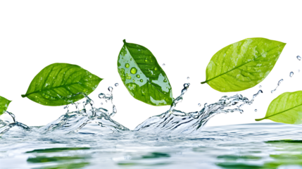 Green Leaves with Water Splash on Transparent Scene